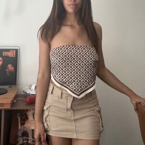 Garage Brown Pattern Scarf Top Retro Print Tie Back Tube Top‎ Small